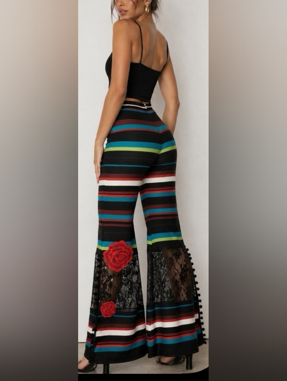 Rodeo Quincy Statement Piece Small 100% Cotton Embroidered Striped Wide LegPants